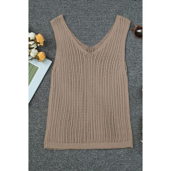 Azura Exchange  Hollowed Knit V Neck Tank Top - Picture 4 of 8